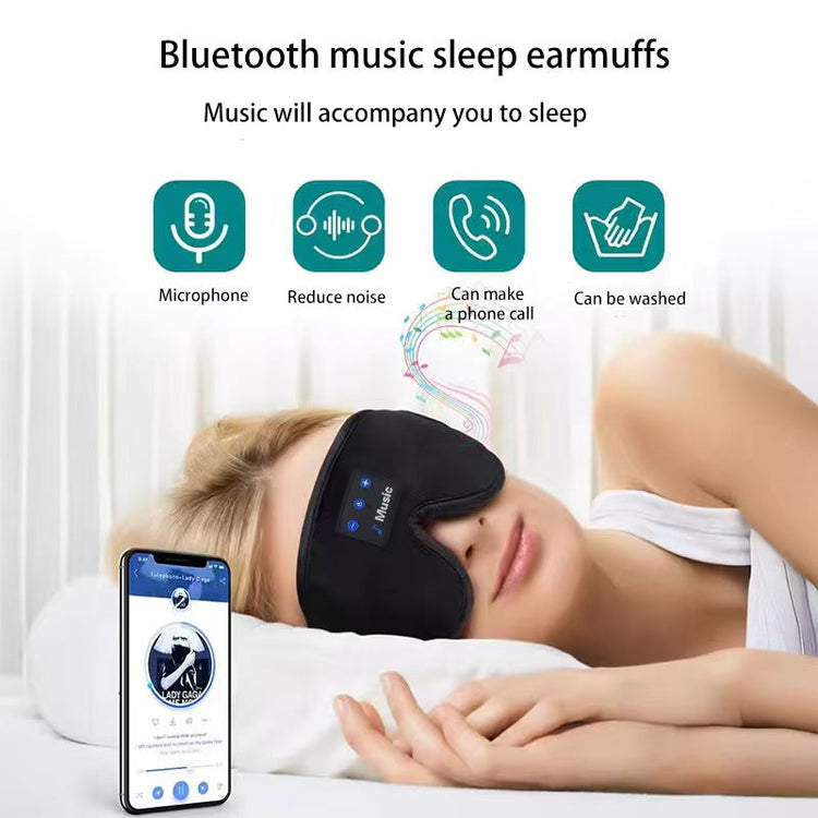 An image of a lady wearing a sleeping mask that plays music whilst sleeping to avoid noise distractions and ensure a comfortable sleep.