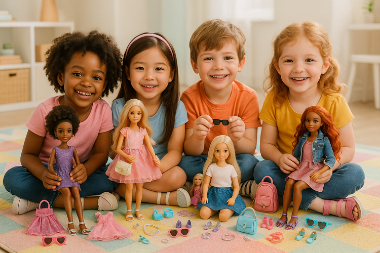 A realistic photo of children playing with stylish dolls, dress-up sets, and fashion-inspired toy accessories from SocialMediaShoppingMall.com.