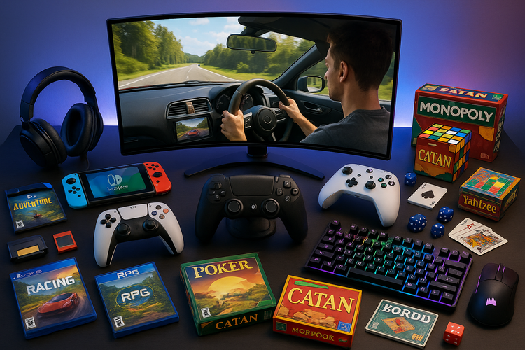 An image of a collection of modern games and accessories.