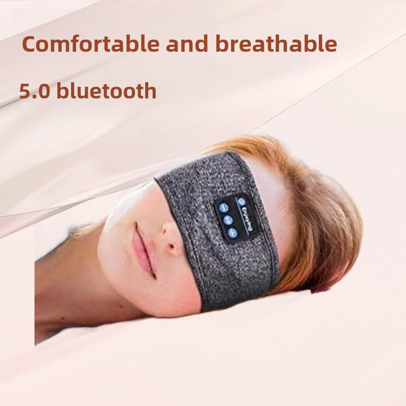 Person wearing a Bluetooth headband with text indicating comfort and Bluetooth version on a light background