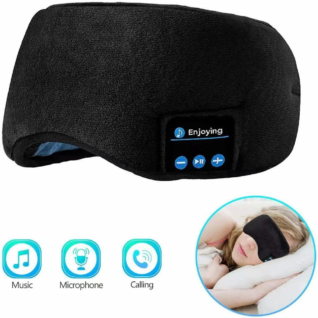 Black sleep mask with Bluetooth controls on a white background