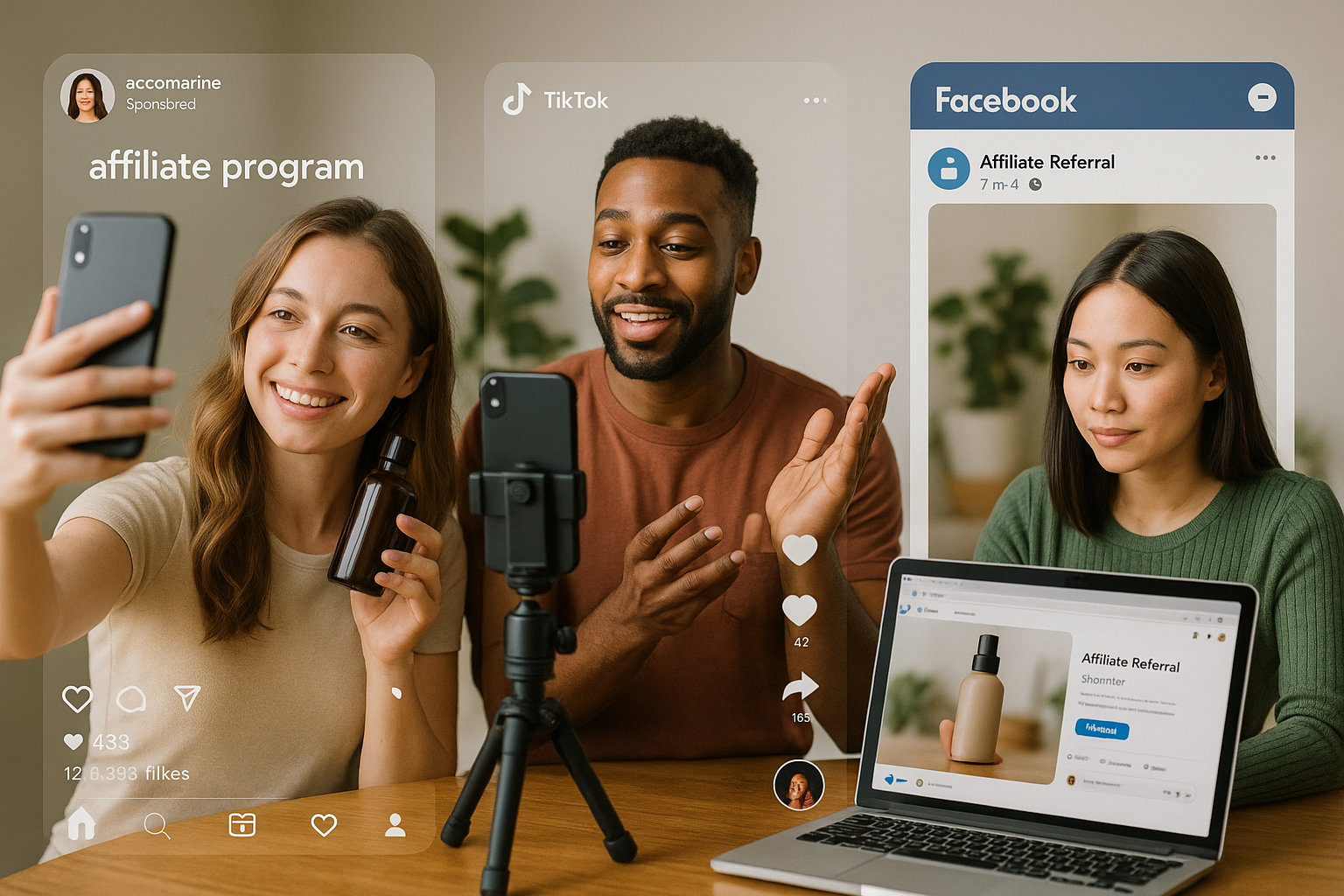 Make money from your Social Media follower-base. In this image, i want to see more humanly realistic photos of people referring their social media followers to our affiliate program.